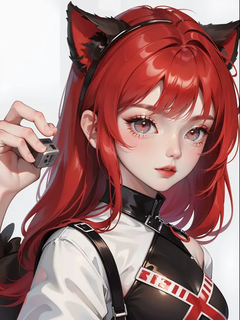 Close-up, girl, red, white, black, streetwear clothes, cat ears