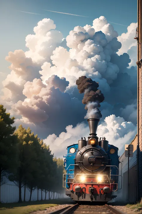 A toy-locomotive flies through thick clouds. On top of the locomotive sits a blue very huge joyful teddy bear and laughs. Hyper realistic image. Fairytale fantasy background top down view --auto --s2