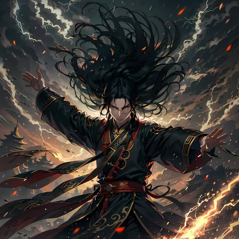 Dark theme， optic， fanciful，It was dark，storming，Lightning，Close-up，China-style，（An ancient Chinese man in a black Han costume faces the camera：1.3），Long black hair was blown by the wind，Spread your hands in the air as if holding something，（In the huge roy...