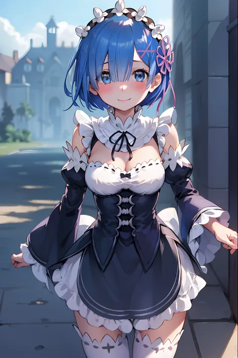 blue hair, rem \(re:zero\), [smile], blush, castle,, masterpiece, best quality, perfect lighting, 1girl, skirt, medium breasts,