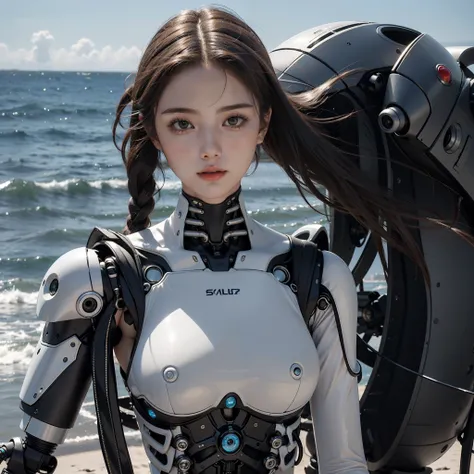 Best quality, delicate face, 25-year-old girl, slim body, mechanical body, robot skeleton, seaside, standing, beach, there are huge alien spaceships floating in the air, cyberpunk, sci-fi