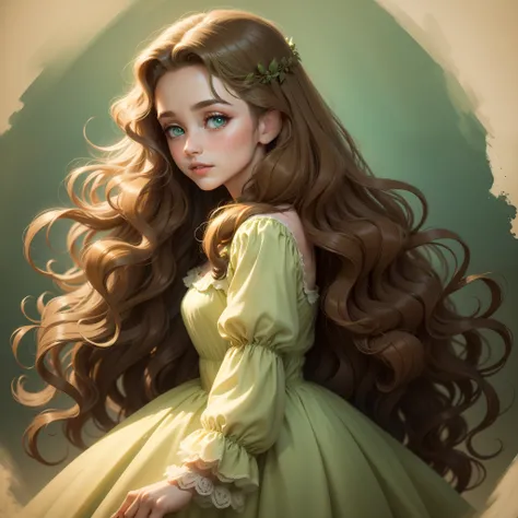 Light brown long curly hair，Light green eyes，Vintage style，Disney style，whiteskin