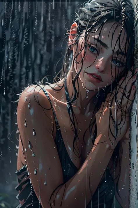 feel the rain on your skin, a beautiful woman with wet skin, wet hairs, on her knees, face between hands, lonely and desperate look on her face