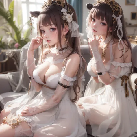 Ultra photo realsisim，A high resolution，（8K），tmasterpiece，Highest image quality，An Asian woman，20yr old，二重まぶた，largeeyes，tall nose bridge，brown  hair，Maid dress-up，Transparent fabric（1.5），Large breasts（C cup），（（areola of breast）），（（nipple bump）），Black fishn...