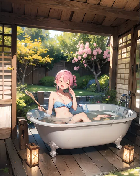 ((masterpiece)), ((best quality)), (very detailed), real taist,8k,pixiv best quality,Potato,
Japanese public woody bath, woody bath tub,Japanese stone lantern, Sake on a tray,
(A girl wrapped in a towel and soaking in a bathtub), relax smile, closed eyes, ...