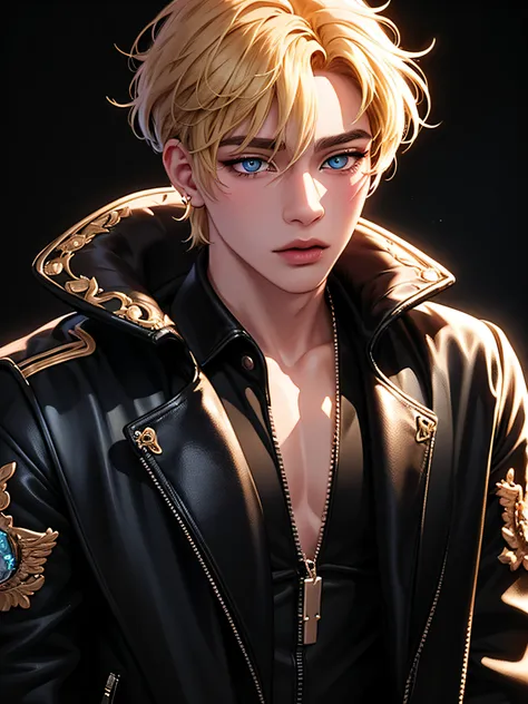 male idol ((singer)), blonde hair, wearing a gothic style tattered cropped jacket, leather holographic pants, blue eyes, 1boy, m...