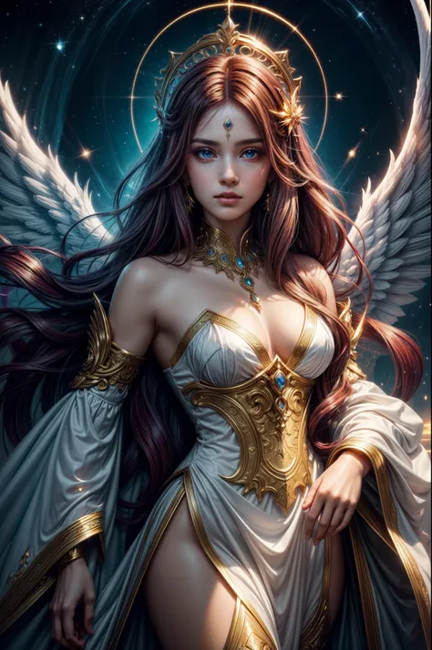 Hello, IA! Please create a creature of light, a beautiful angel of light, a magical spirit of light, is a character full of a sense of justice and divine power, she is usually depicted as a beautiful female angel with wings and long hair, wearing a shining...