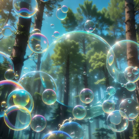 Soap bubbles with ultra-realistic background image of forest. diffuse lighting, Daylight, In the light of the sun and blue sky. imagem 4k.