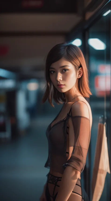 full body portrait photo of a stylish beautiful girl without clothes in a future convenience store, asymmetric hair cut, cyberpunk aestethic, heavenly beauty, 8k, 50mm, f/1. 4, high detail, sharp focus, cowboy shot, perfect anatomy, sunshine on her face, s...