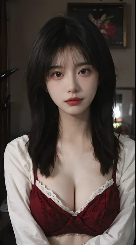 best qualtiy，tmasterpiece，超高分辨率，（realisticlying：1.4），1girll，A pair of bright eyes，Sexy hair，Full of atmosphere，Being in the room，Cleavage is seductive，，（Red bra：1.6），（比基尼：1.4），（Bigchest：1.8），（The upper part of the body：1.4）