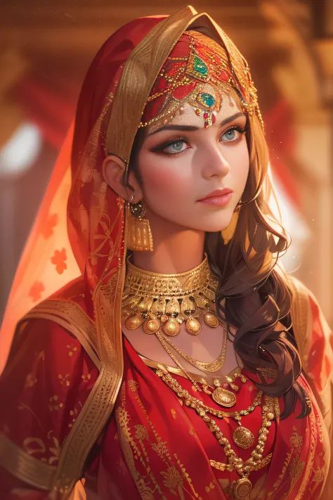 a close up of a woman in a red and gold costume, Traditional beauty, detailed beauty portrait, Portrait shooting, arabian beauty, Indian, stunning portrait, Beautiful portrait, very beautiful portrait, Rendu portrait 8k, photo of a beautiful woman, Middle ...