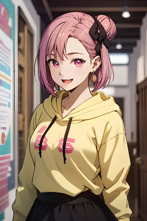 best quality, (masterpiece:1.2), detailed,
1girl, solo, smile, open mouth,
pink hair, pink eyes, short hair, multicolored hair, single hair bun, black bow, earrings,
yellow hoodie, black skirt,
standing, looking at the viewer,
indoors