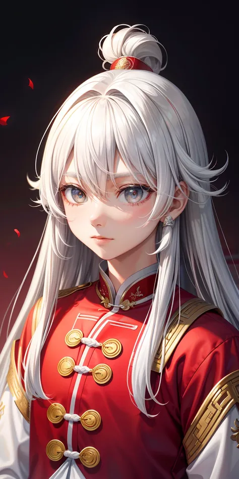 schoolboy，Comely，Medium long silvery white hair，Q version，Chinese style red and white clothing，There is texture，There is texture，the detail，