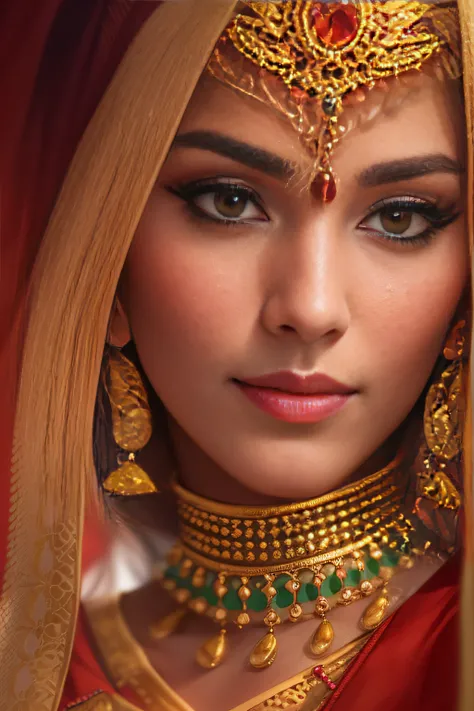 a close up of a woman in a red and gold costume, Traditional beauty, detailed beauty portrait, Portrait shooting, arabian beauty, Indian, stunning portrait, Beautiful portrait, very beautiful portrait, Rendu portrait 8k, photo of a beautiful woman, Middle ...