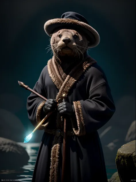 Closeup of sea otter in robe holding cane, Sea Otter Warrior, Sea otter with hat, robe and cane, Anthropomorphic sea otter, Cute anthropomorphic sea otter, wojtek fus, Fur armor, Fluffy, Wearing a sea otter suit, hyperrealistic fantasy art, Wearing intrica...