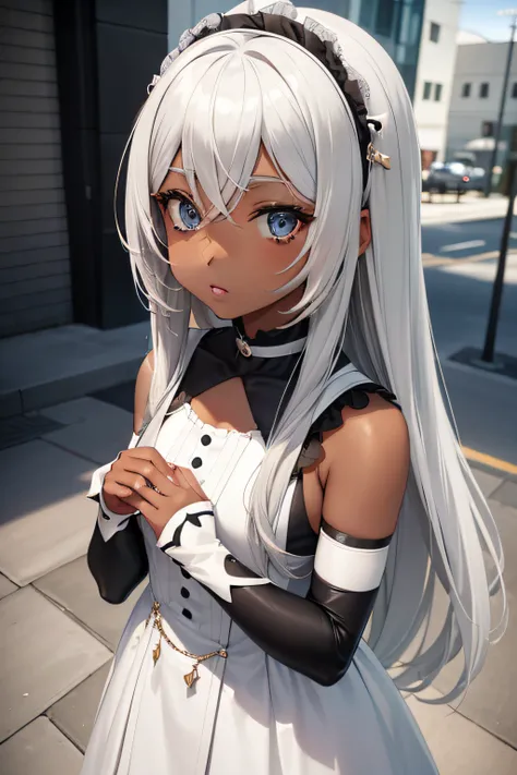 Gray-haired girl in a white dress, Black skin , Anime style, in 8K, Lori, real life anime girl, Anime girl cosplay, Little Anime Girl