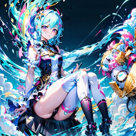 Anime girl sitting on the ground，Legs crossed, Splash art anime Loli, wallpaper anime blue water, A scene from the《azur lane》videogame, macross delta splash art, Kushatt Krenz Key Art Women, Best anime 4k konachan wallpaper, trending on artstation pixiv, D...