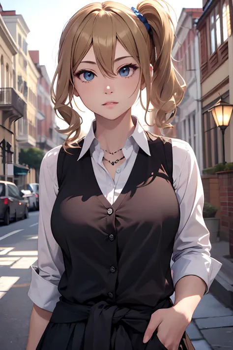 masterpiece, best quality, highres, aahayasaka, side ponytail, medium breasts, necklace, collared shirt, black vest, sleeves rol...