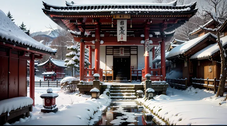 A Japanese shrine under snow