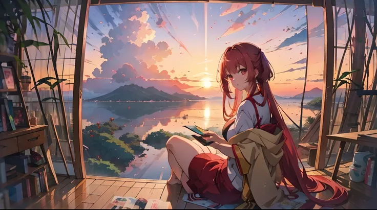 Anime girl sitting on bamboo，The background is sunset, rias gremory, red haired goddess, anime beautiful peace scene, Anime girl with long hair, ethereal anime, ( ( ( yoshinari yoh ) ) ), Zerotwo, Red long-haired, With red hair, watching the sunset. anime ...