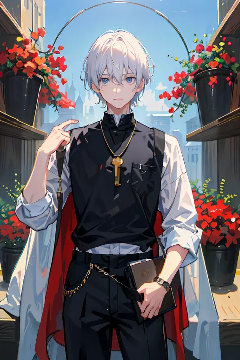 1boy，By bangs，berries，White hair，Black shirt，eBlue eyes，Hair between both eyes，looking at viewert，malefocus，Key necklace，trouser，The shirt，独奏，White watch，Black pants，Wrist watch，Messy hair, Trends on ArtStation, 8K分辨率, The is very detailed, anatomically co...