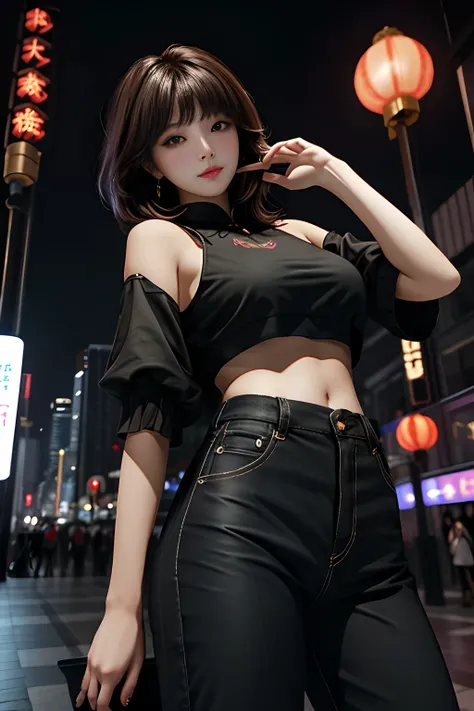 tmasterpiece， Best quality at best， 1girll， from below， underboobs， mediuml breasts， shorter pants， Crop tops， brunette color hair， 黑The eye，Chinese woman，Bottom-up perspective，Night view of the city，Live the life of Riley，