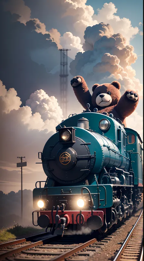 a blue funny very giant teddy bear sits on a toy locomotive and flies through thick clouds on it. He laughs loudly, waving his paws. Hyper realistic image. Blurred fantasy background top down view. Light haze. 8K --auto --s2