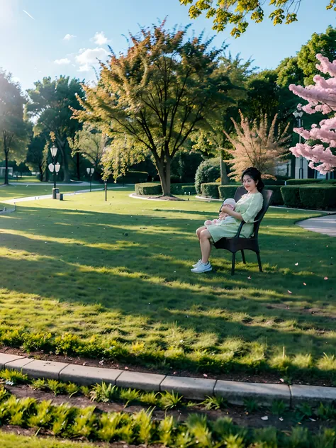 there was a woman sitting in a chair with a baby, with a park in the background, in park, at park, with a park in the back groun...