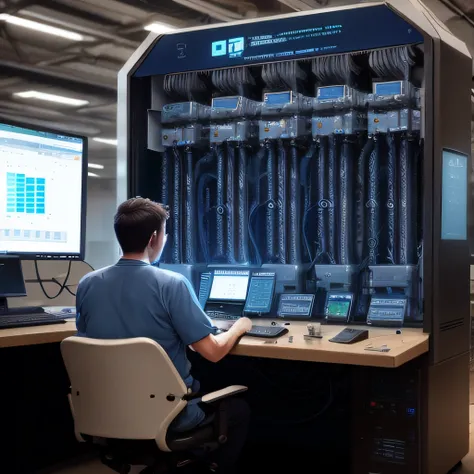 A machine operator facing a large server thinking how can there be so much data there on that machine. O ano e 2030.