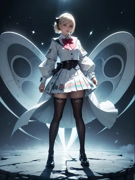 (full body:1.5)，(1girl:1.3),(looking at viewer:1.4)，(anatomy correct:1.3),(Wearing Paradise style suit JK uniform printed Ultra short pleated skirt and JK uniform leather shoes with bow decoration ，and Very thick Printed Lolita Pantyhose :1.35), (Light par...