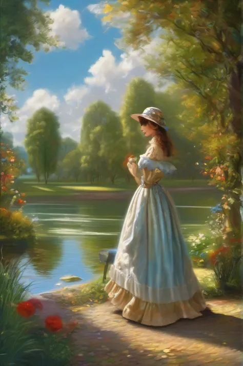 A lady in the park by the river blue sky white clouds clear