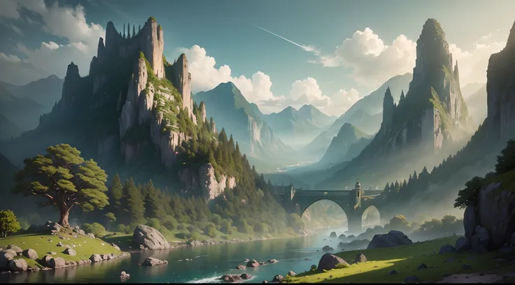 there is a river running through a lush green forest filled with rocks, a matte painting by Raphael Lacoste, Artstation contest winner, fantasy art, medieval fantasy landscape, impressive fantasy landscape, high fantasy matte painting, fantasy matte painti...