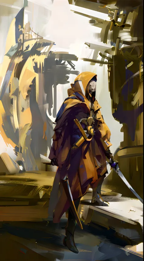 Painting a man in a yellow robe holding a sword, yellow-robed cultist, D & d digital painting, digital painting concept art, concept art of a monk, speedpainting, digital character painting, painted as a game concept art, D & d fantasy digital painting, be...