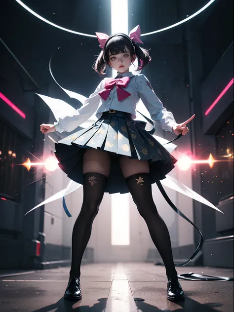 (full body:1.5)，(1girl:1.3),(looking at viewer:1.4)，(anatomy correct:1.3),(Wearing JK uniform printed Ultra short pleated skirt and JK uniform leather shoes with bow decoration ，and Very thick Printed Lolita Pantyhose :1.35), (Light particle effect:1.3),(I...