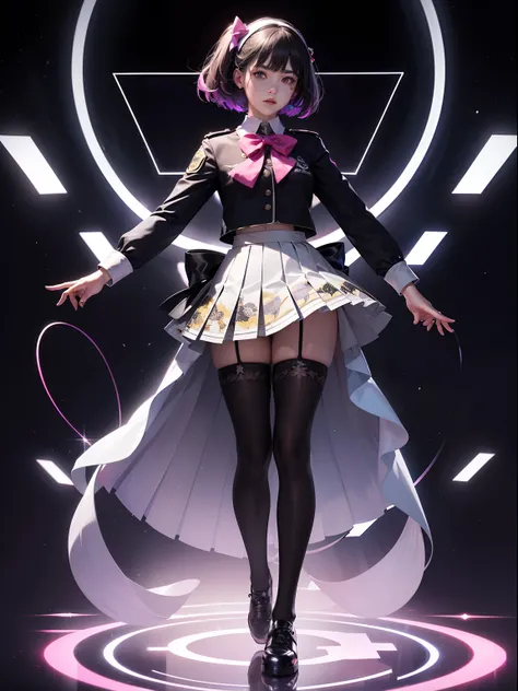 (full body:1.5)，(1girl:1.3),(looking at viewer:1.4)，(anatomy correct:1.3),(Wearing JK uniform printed Ultra short pleated skirt and JK uniform leather shoes with bow decoration ，and Very thick Printed Lolita Pantyhose :1.35), (Light particle effect:1.3),(I...