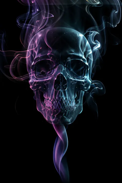 dark background, masterpiece, octane render, best quality, uhd, hdr, 8k, 3d model, ray traced, unreal engine, RAW digital photo of a ((rainbow colored:1.2) smoke:1.1)) skull, ultra detailed, Fujifilm XT3, sharp focus, hard lighting, lit from below, dark sh...