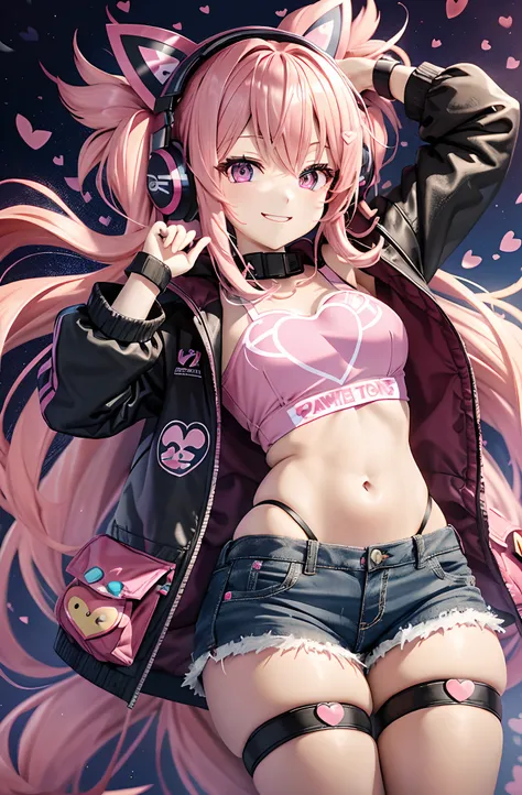 a pink-haired。length hair。twin-tailed。shortpants。parka。耳nipple ring。heart-shaped chest。heart logo。huge smile。game center。headpho...