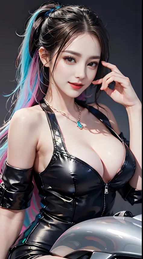 1girl、Delicate and beautiful facial features、Floral eyeshadow and light makeup、Exquisite jewelry and necklaces、Delicate technology leather jacket with short upper body、Delicate technical leather pants on the lower body、Sitting on a red high-tech motorcycle...