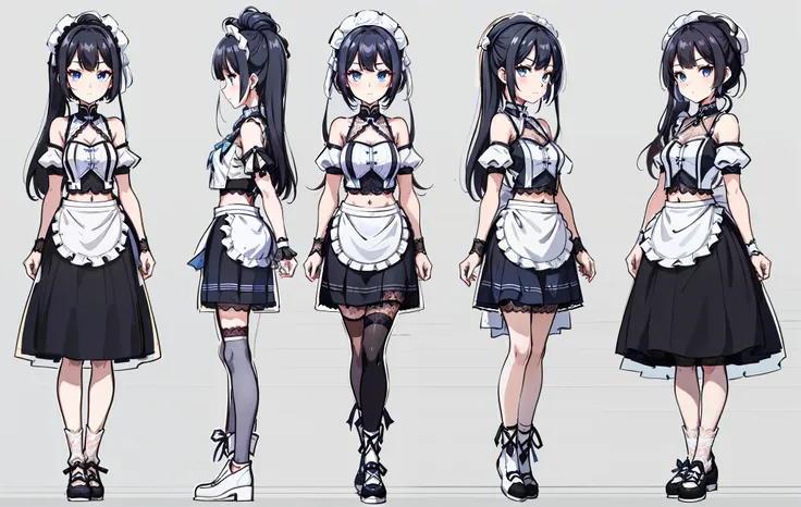 1人,(1 girl:1.2),reference diagram,(fantasy character design, front, back, side),(black color hair),(blue color eyes),full bodyes...