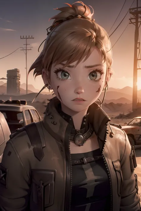 Anna, post apocalyptic, desert, mad max, scarred, Post apocalyptic desert wasteland, Mad max, ear piercing, nose ring, gothy, torn clothes, Long jacket, scarrred, scarred, scarred, bruised, beat up, scarred