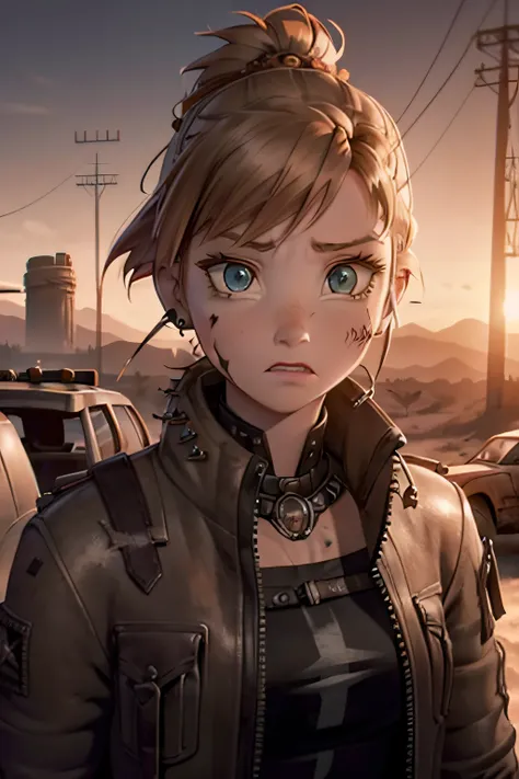 Anna, post apocalyptic, desert, mad max, scarred, Post apocalyptic desert wasteland, Mad max, ear piercing, nose ring, gothy, torn clothes, Long jacket, scarrred, scarred, scarred, bruised, beat up, scarred