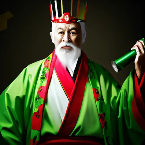 Old man in a crown and a white haori and red kimono holding a green can