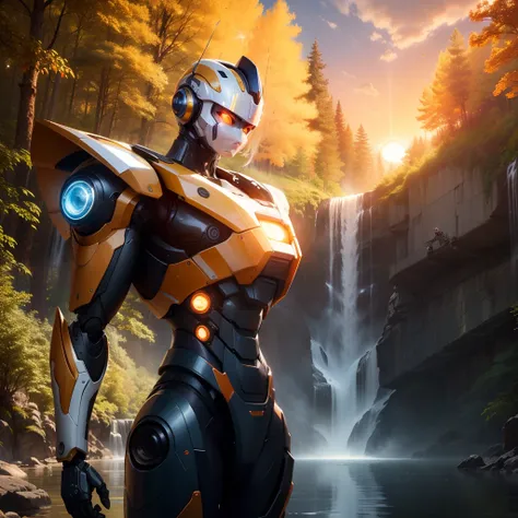 Create an image of a highly advanced and futuristic robot in the middle of a lush forest. The scenery is bathed in the golden light of the sunset, com uma cachoeira majestosa ao fundo.

Robot Appearance: 
The robot has an approximate height of 2,5 meters a...