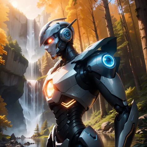 Create an image of a highly advanced and futuristic robot in the middle of a lush forest. The scenery is bathed in the golden light of the sunset, com uma cachoeira majestosa ao fundo.

Robot Appearance: 
The robot has an approximate height of 2,5 meters a...