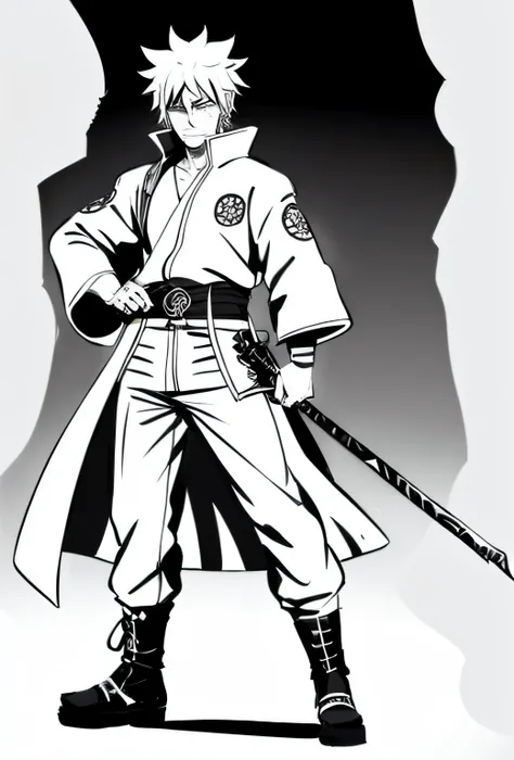 um desenho preto e branco de um homem com uma espada, manga character, Coringa como Naruto, afro samurai manga style, Shikanosuke Yagaki, Modelos de Yasuke 5 0 0 px, kentaro miura manga style, itatchi uchiha, Akiyuki Shinbou, striking manga artstyle, inspi...