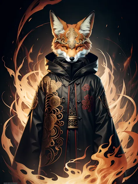 1boy, solo, official art, unity 8k wallpaper, ultra detailed, beautiful and aesthetic, masterpiece, best quality, photorealistic, (abstract background) (zentangle, mandala, tangle, entangle background:0.7) Kitsune, fox mask, haori jacket, foxfire spell, fo...