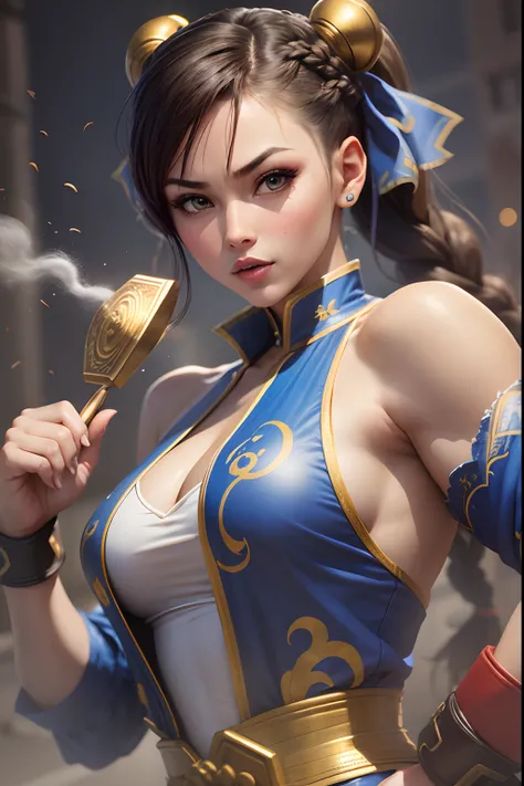 a sexy woman, chun-li outfit, Street Fighter game, braid hair, pretty face, fighting pose