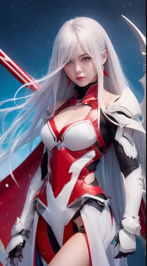 Gray hair, blue color eyes, Red eyeshadow, ssmile, slightly red face, Feminine expression, The delicate face shape is perfectly described, Eye-shaped necklace, Mecha armor，Clear lines, White gloves，Metal streamers, Metal joint wings，Wield a shining thunder...