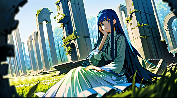 （tmasterpiece，best qualtiy），1 girl with long blue hair sitting in the ruins，her hand under her chin，warmly lit，white dresses，Blurred foreground，Mechanical wings，Mechanical corners