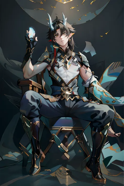 （absurderes，A high resolution，Hyper-detailing，hdr），Dragons horn，younge boy，tmasterpiece，best qualtiy，1人，独奏，Handsome，Golden eyes，Fine eyes and detailed face，toppless，Tattooed with，arma，seated on a throne，Indifferent and arrogant，Abs，chest muscle，Raised sexy...